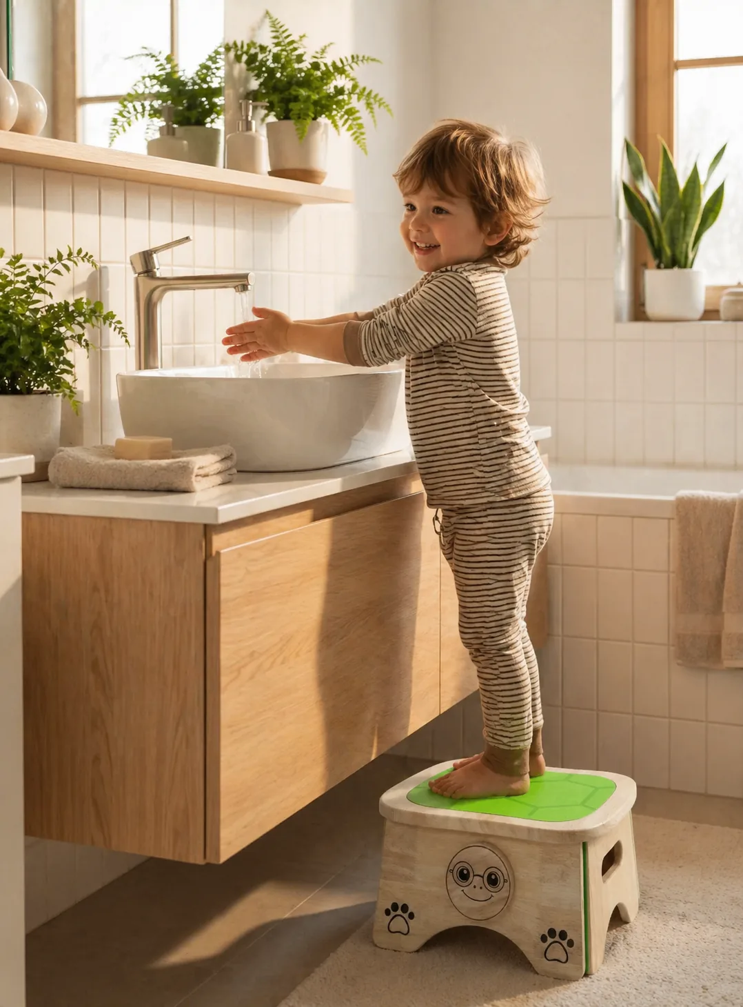 A child washing their hands at the sink while standing on Doe the Turtle.