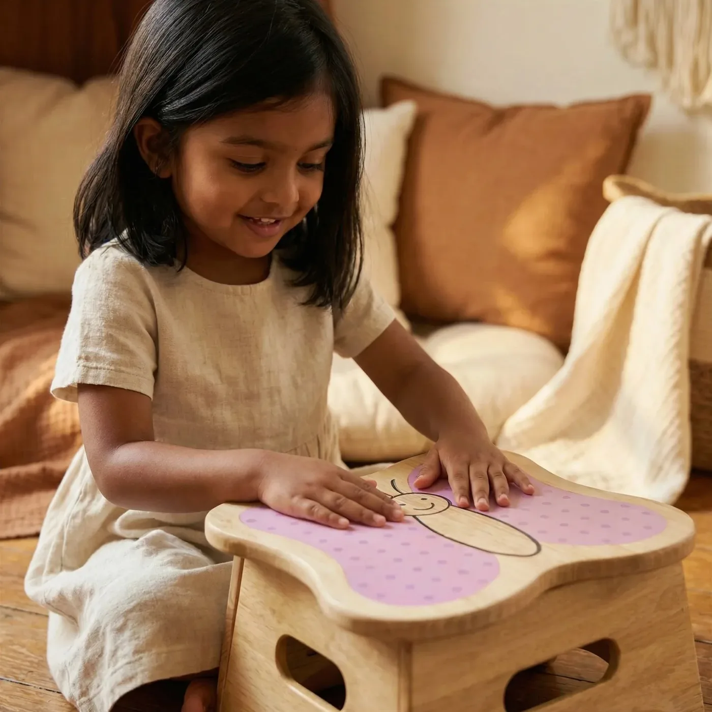 A child kneeling on the floor with both hands resting on Mei the Butterfly's polka-dot wings.