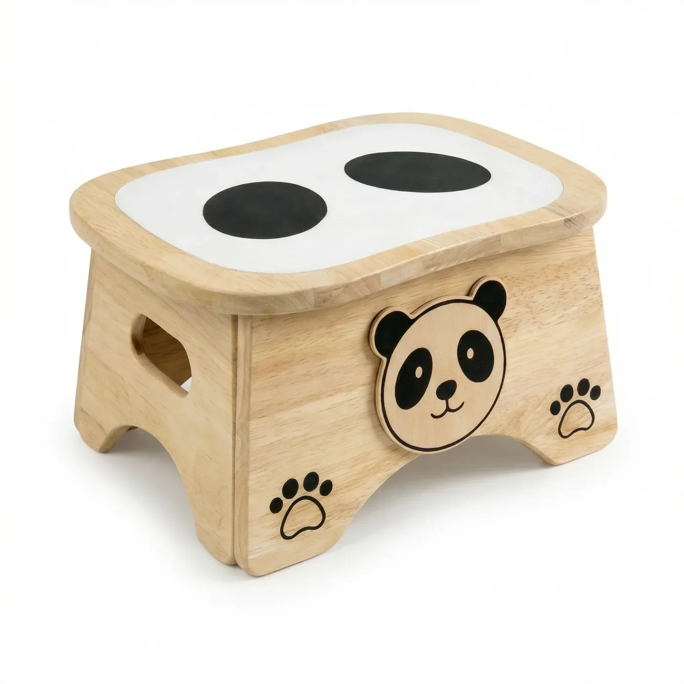 Ray the Panda, a solid wood step stool with a white and black panda-eye top and a carved panda face on the side.
